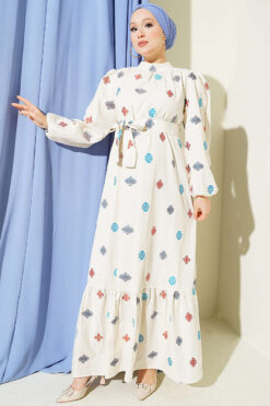 Embroidered Detail Dress with Stand Collar Beige