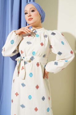 Alternative view of Embroidered Detail Dress with Stand Collar Beige