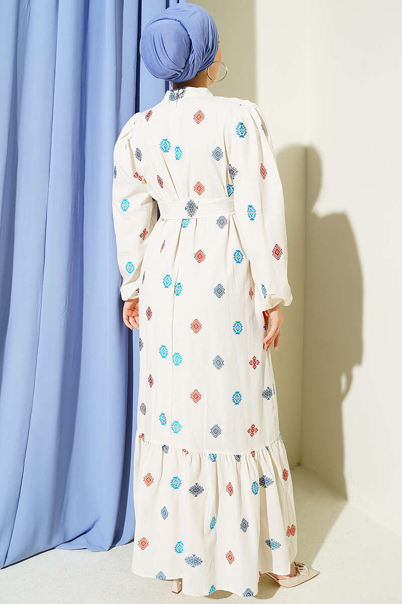 Embroidered Detail Dress with Stand Collar Beige – Image 3
