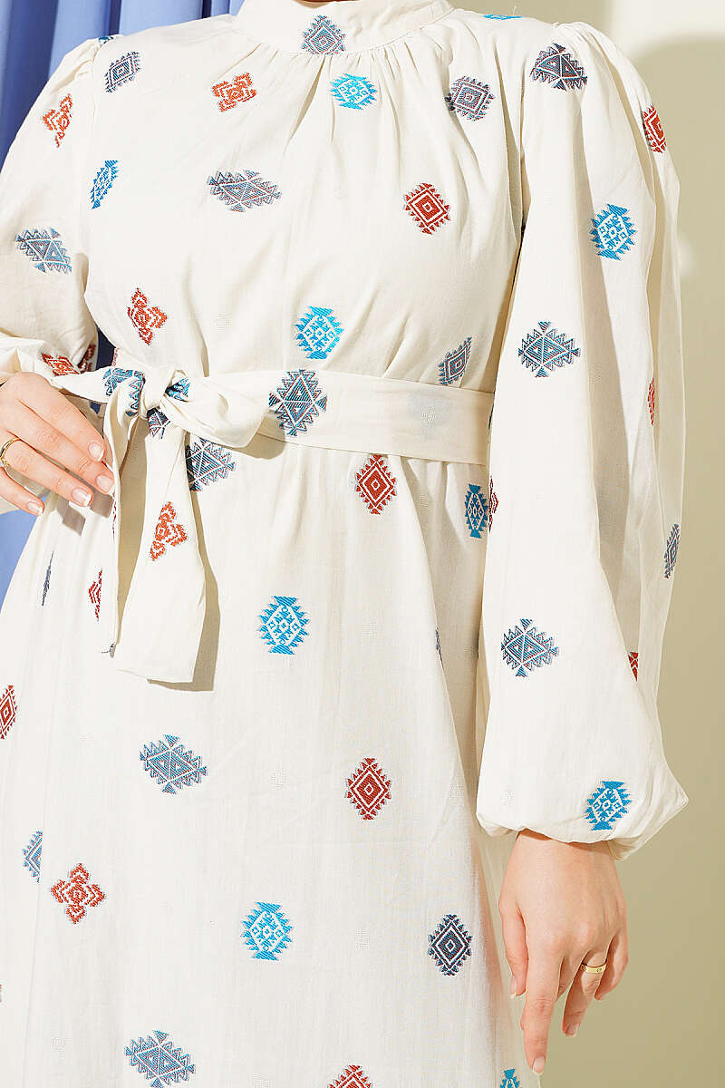 Embroidered Detail Dress with Stand Collar Beige – Image 4