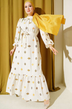 Embroidered Detail Dress with Stand Collar Khaki