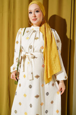 Alternative view of Embroidered Detail Dress with Stand Collar Khaki