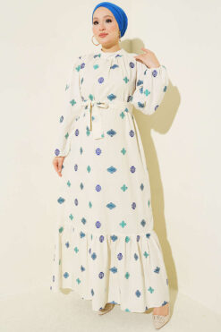 Embroidered Detail Dress with Stand Collar Blue