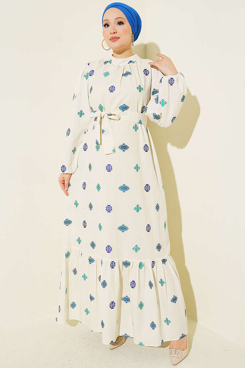 Embroidered Detail Dress with Stand Collar Blue