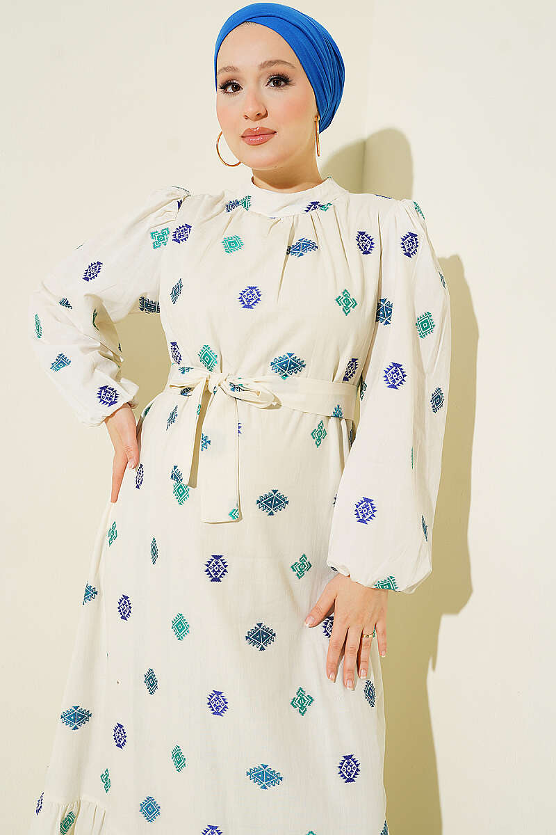 Embroidered Detail Dress with Stand Collar Blue – Bild 2