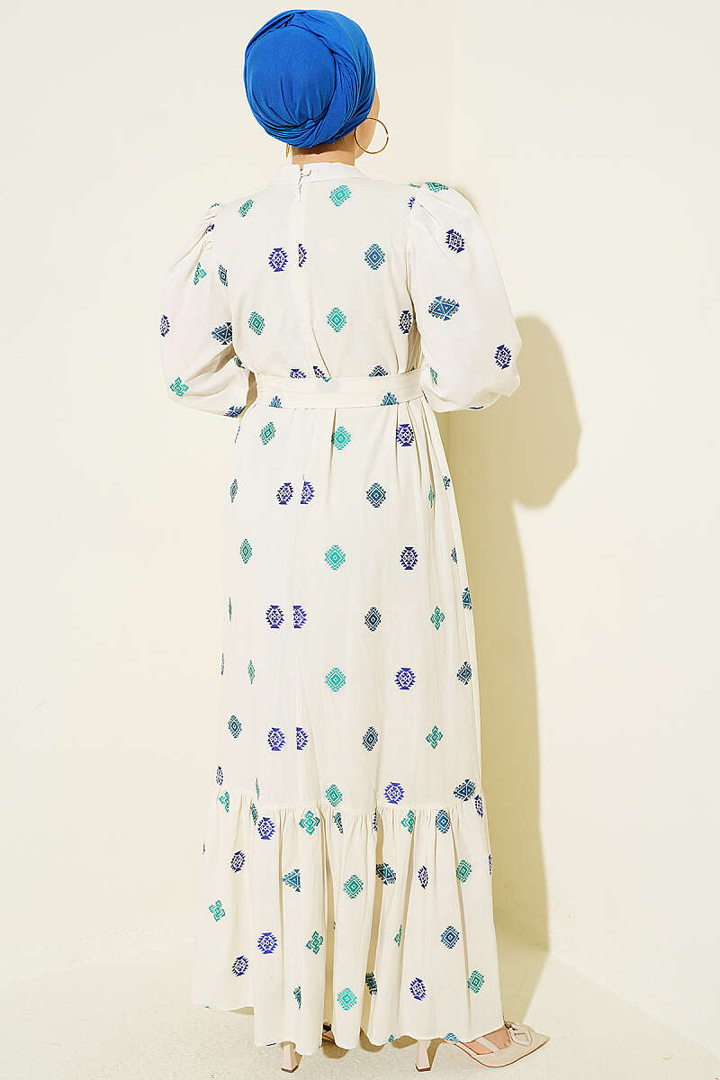 Embroidered Detail Dress with Stand Collar Blue – Bild 3