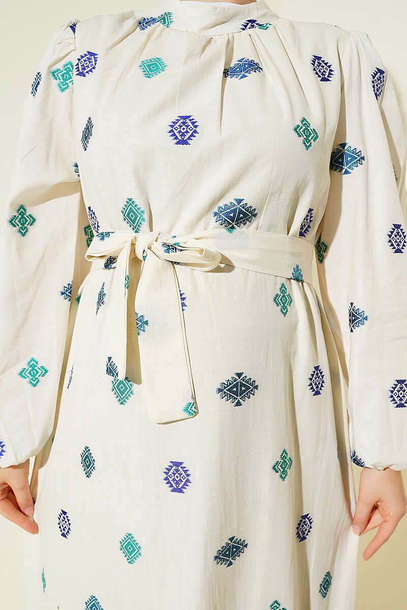 Embroidered Detail Dress with Stand Collar Blue – Bild 4