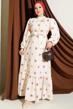 Embroidered Detail Dress with Stand Collar Orange