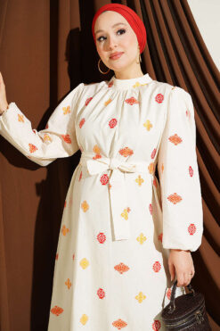 Alternative view of Embroidered Detail Dress with Stand Collar Orange