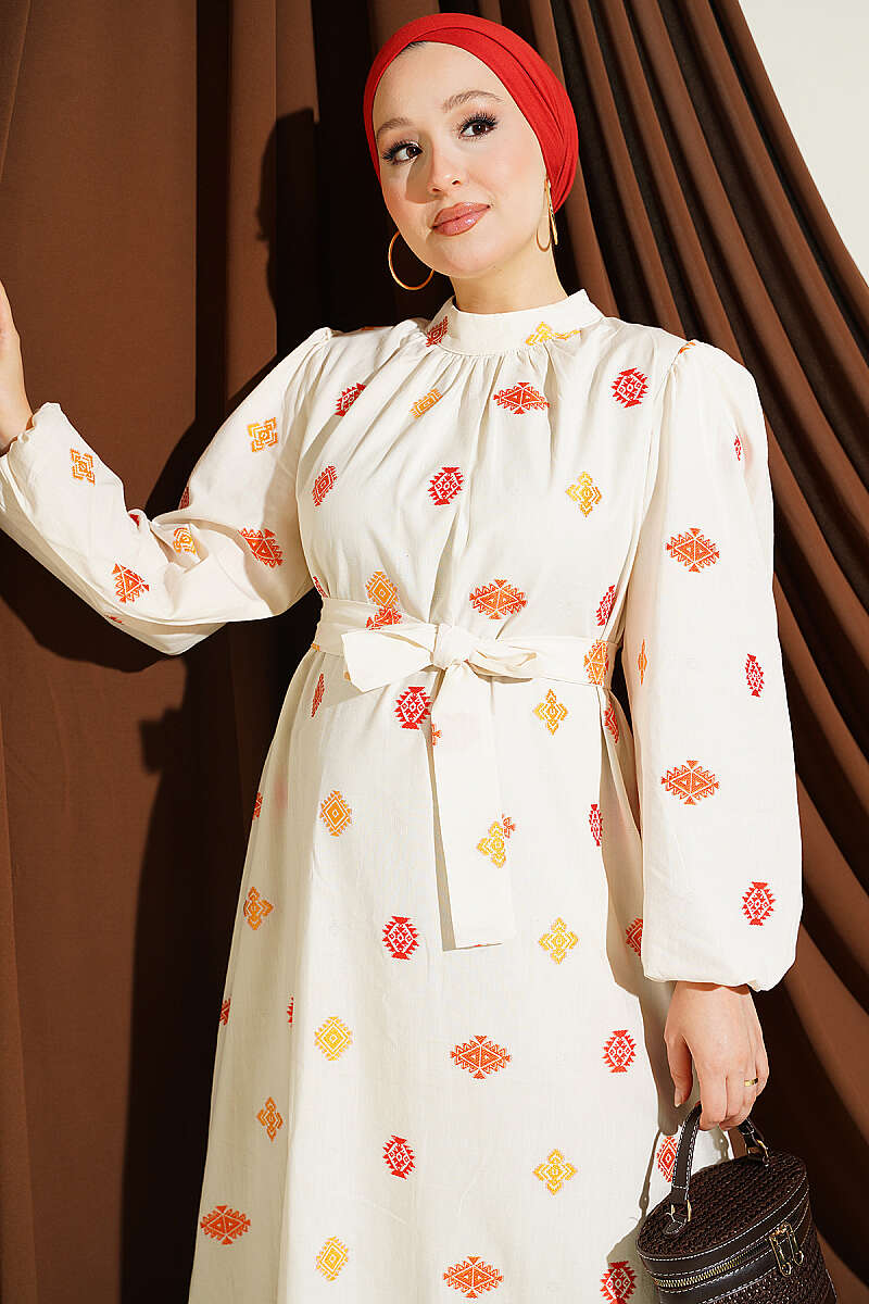 Embroidered Detail Dress with Stand Collar Orange - immagine 2
