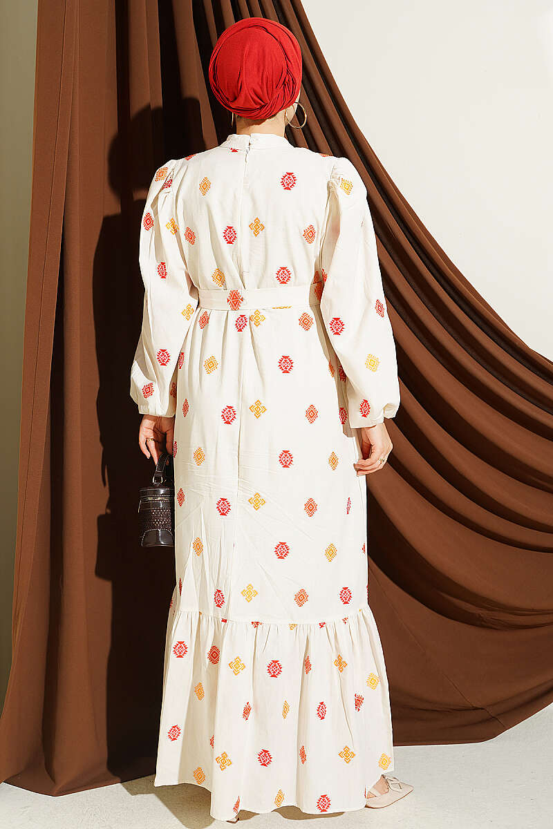 Embroidered Detail Dress with Stand Collar Orange - immagine 3