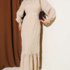 High Neck Ruffled Patterned Dress Beige
