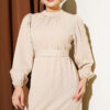 High Neck Ruffled Patterned Dress Beige - Image 2