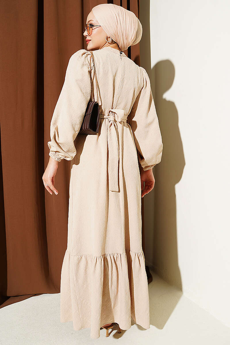 High Neck Ruffled Patterned Dress Beige - Image 3