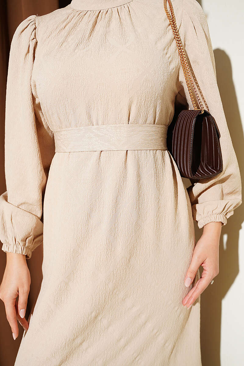 High Neck Ruffled Patterned Dress Beige - Image 4