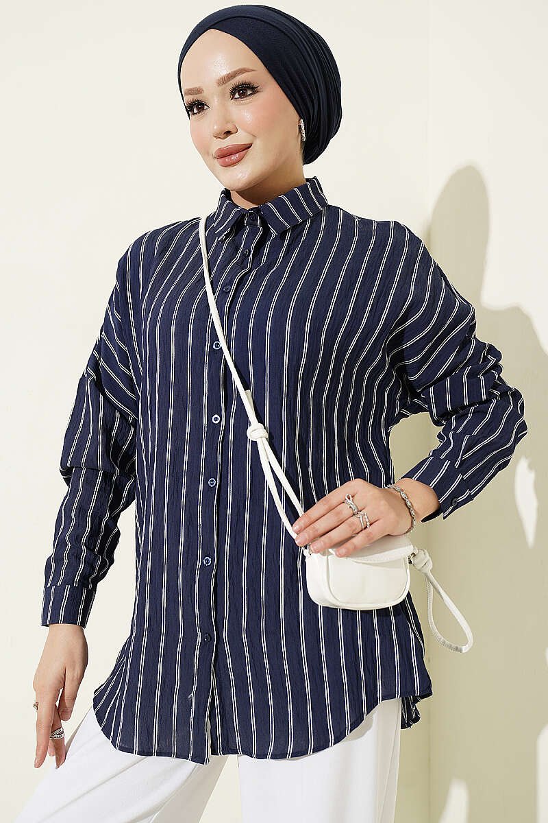 Vertical Stripe Basic Shirt Navy Blue