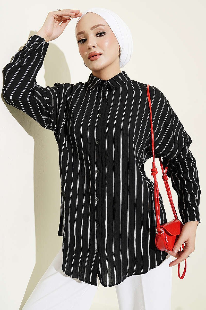Vertical Stripe Basic Shirt Black