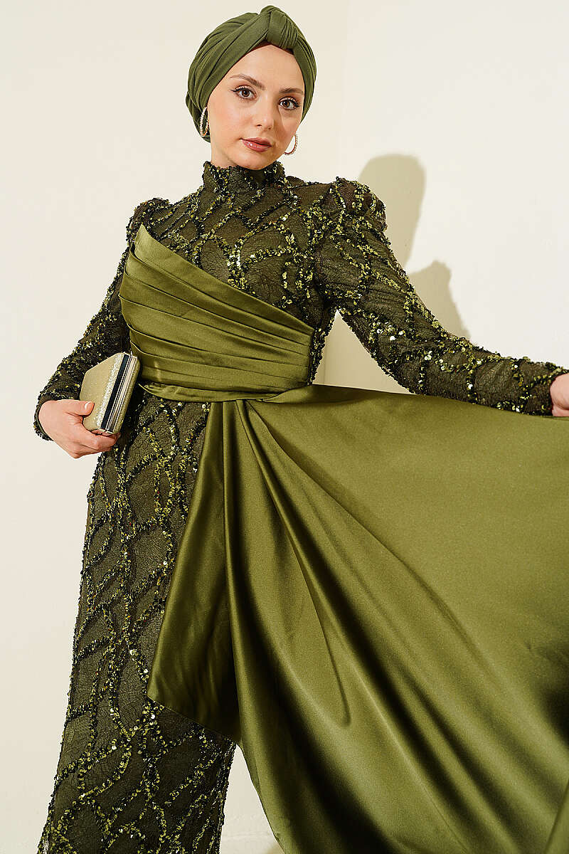 Draped Sequin Embellished Evening Dress Khaki - Imagen 2