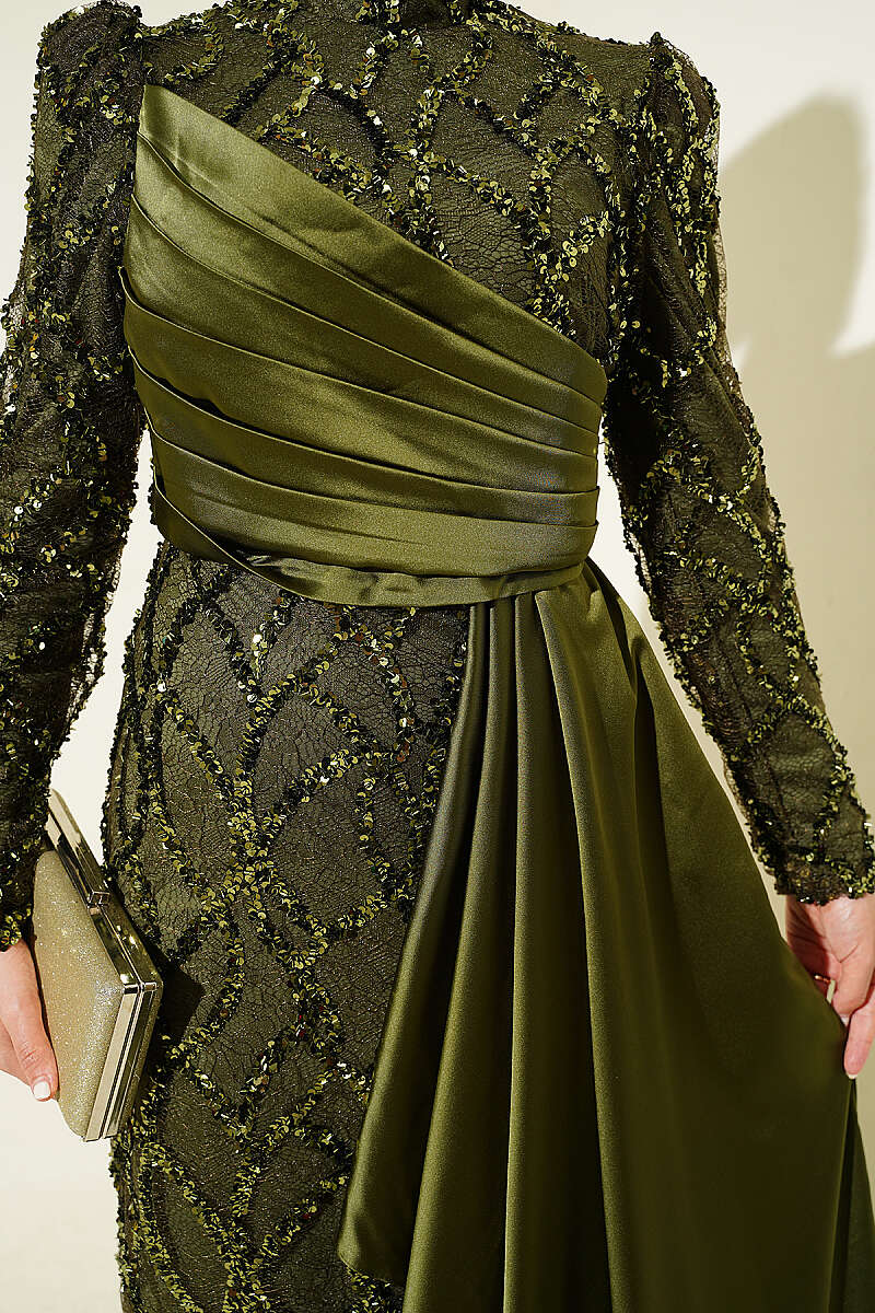 Draped Sequin Embellished Evening Dress Khaki - Imagen 4