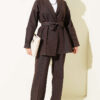 Double Sleeve Waist Belted Denim Two-Piece Set Dark Brown