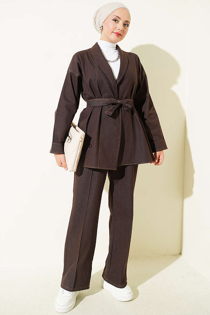 Double Sleeve Waist Belted Denim Two-Piece Set Dark Brown