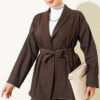 Double Sleeve Waist Belted Denim Two-Piece Set Dark Brown - Afbeelding 2