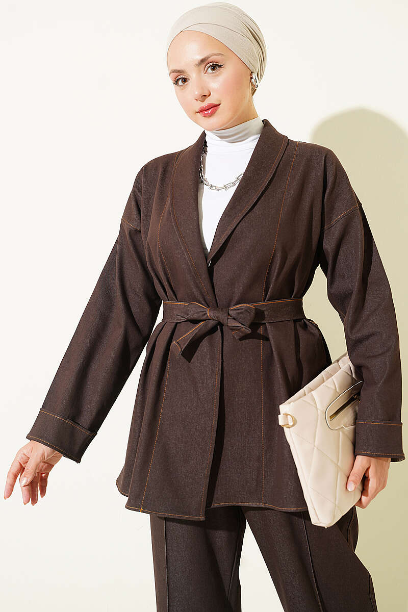 Double Sleeve Waist Belted Denim Two-Piece Set Dark Brown - Afbeelding 2