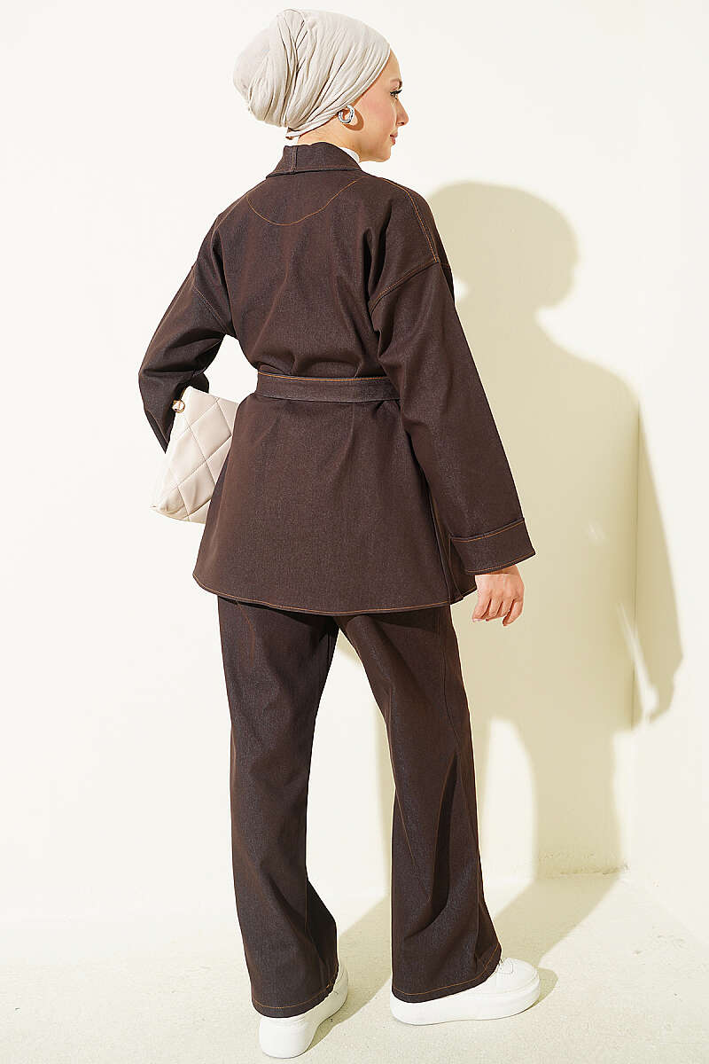 Double Sleeve Waist Belted Denim Two-Piece Set Dark Brown - Afbeelding 3