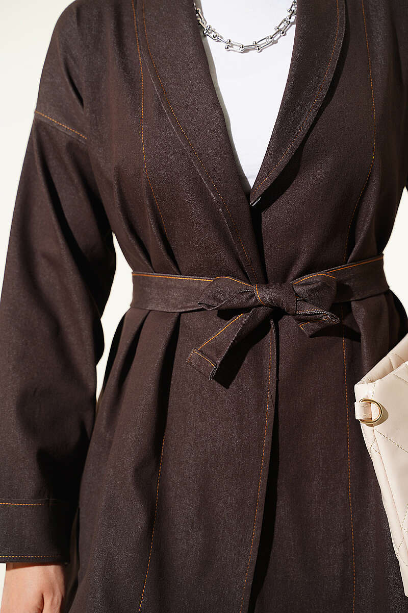 Double Sleeve Waist Belted Denim Two-Piece Set Dark Brown - Afbeelding 4