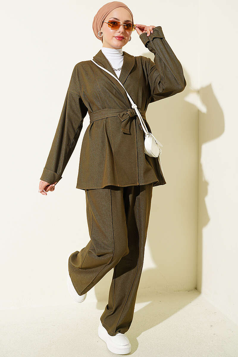 Double Sleeve Waist Belted Denim Two-Piece Set Khaki