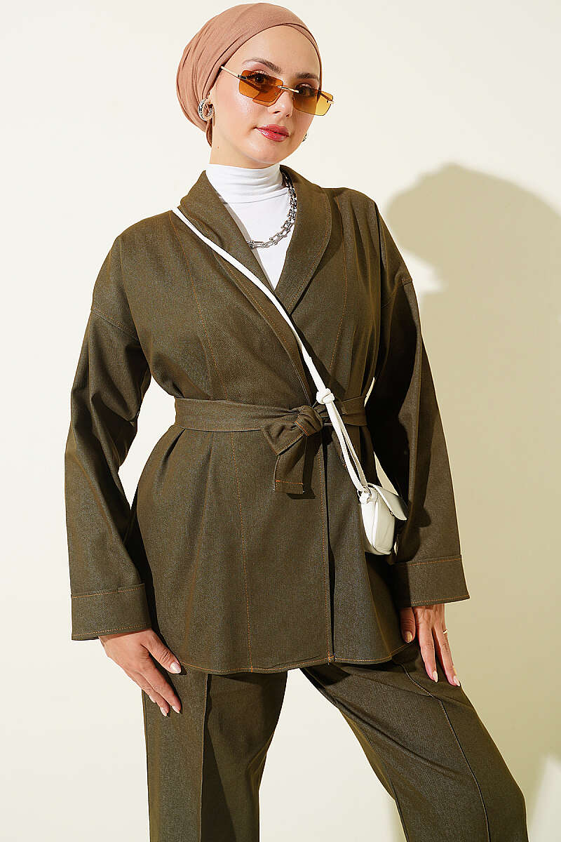 Double Sleeve Waist Belted Denim Two-Piece Set Khaki - Imagen 2