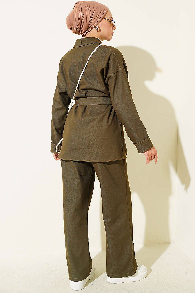 Double Sleeve Waist Belted Denim Two-Piece Set Khaki - Imagen 3
