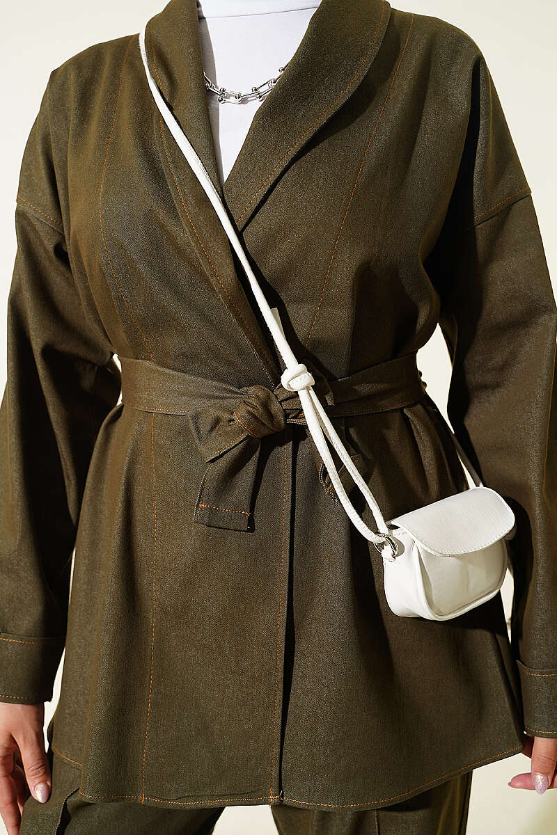 Double Sleeve Waist Belted Denim Two-Piece Set Khaki - Imagen 4