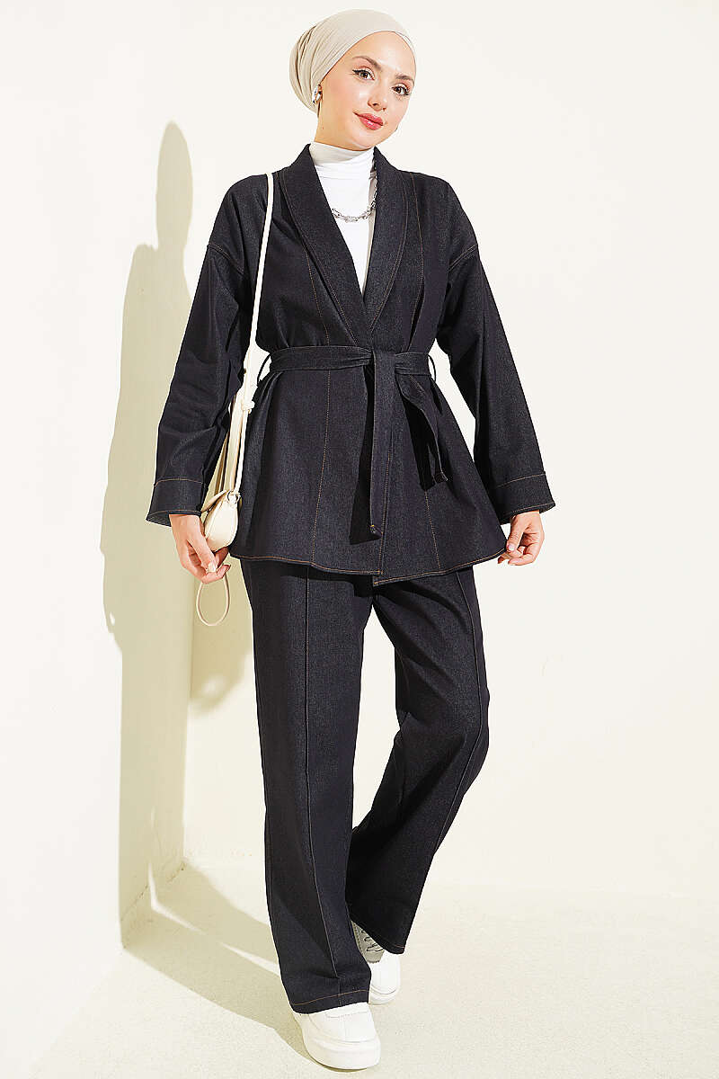 Double Sleeve Waist Belted Denim Two-Piece Set Navy Blue