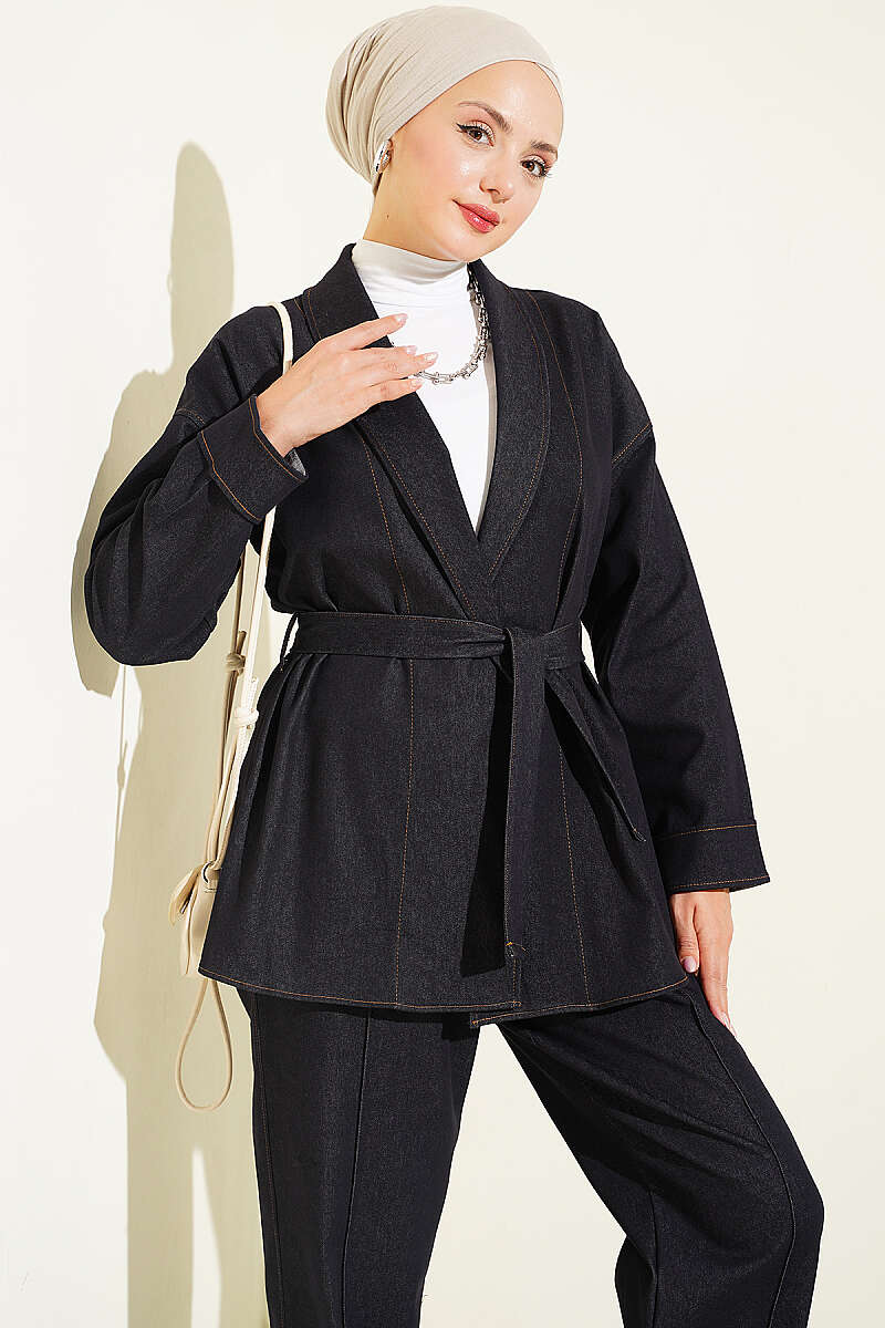 Double Sleeve Waist Belted Denim Two-Piece Set Navy Blue - immagine 2