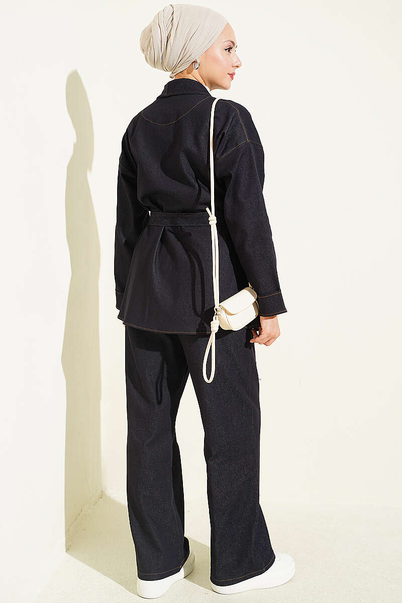 Double Sleeve Waist Belted Denim Two-Piece Set Navy Blue - immagine 3