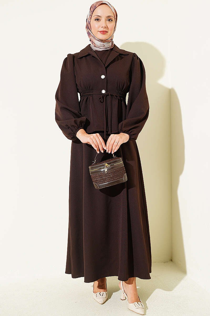 Button-Detail Jacket and Top Set Brown