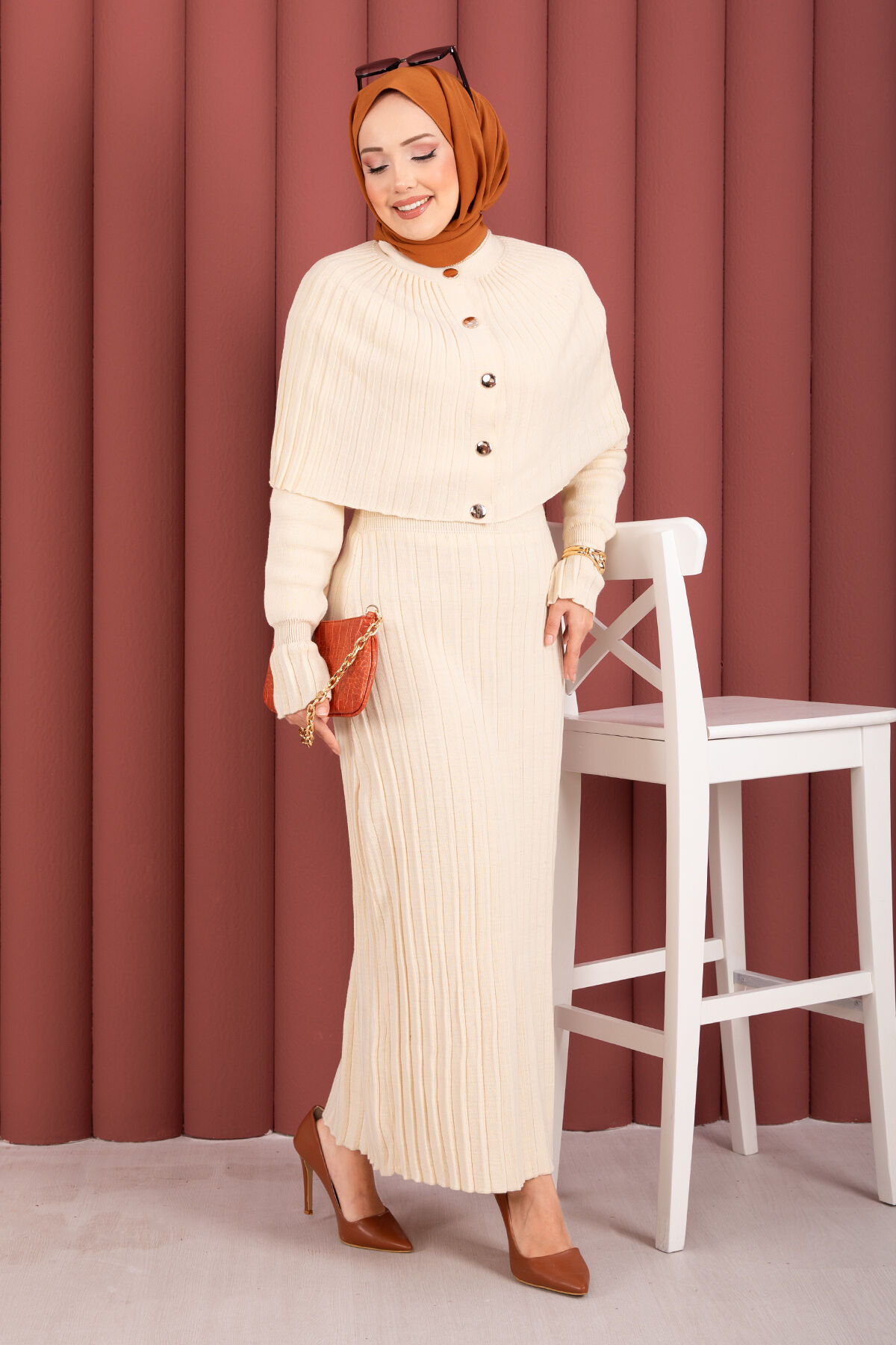Button Detail Cape-Style Knit Dress Two-Piece Set Cream
