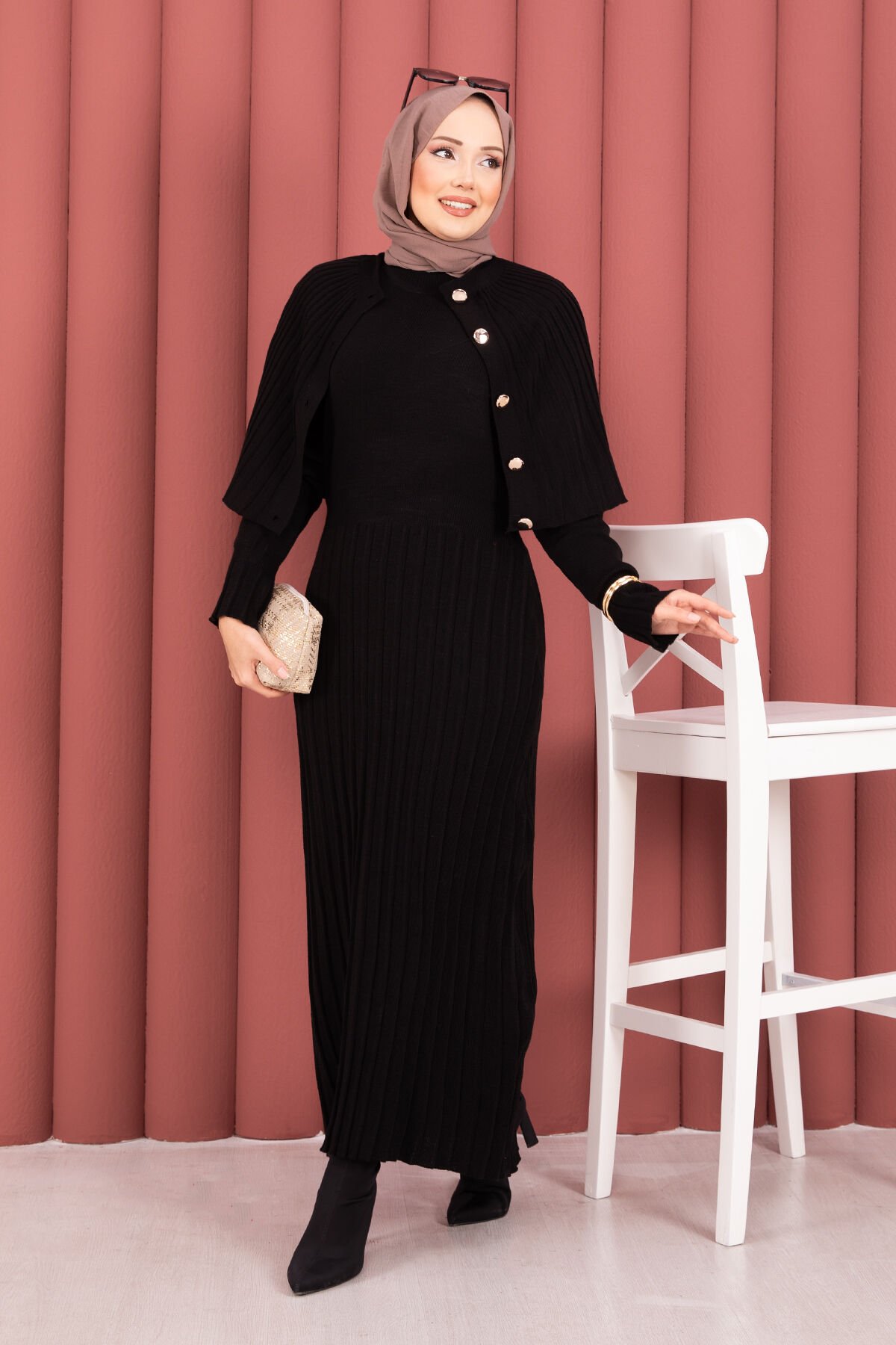 Button Detail Cape-Style Knit Dress Two-Piece Set Black - Imagen 2