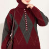 Buttoned Honeycomb Pattern Knit Sweater Burgundy