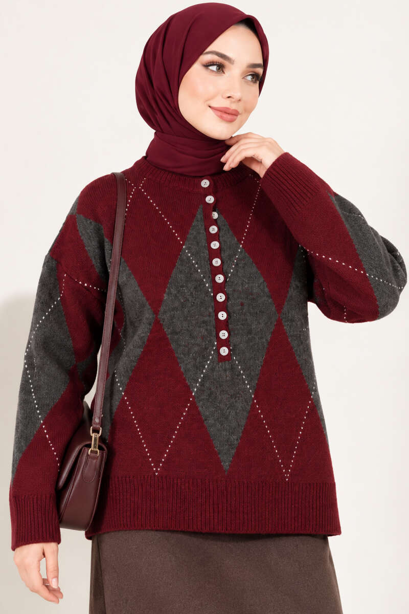 Buttoned Honeycomb Pattern Knit Sweater Burgundy