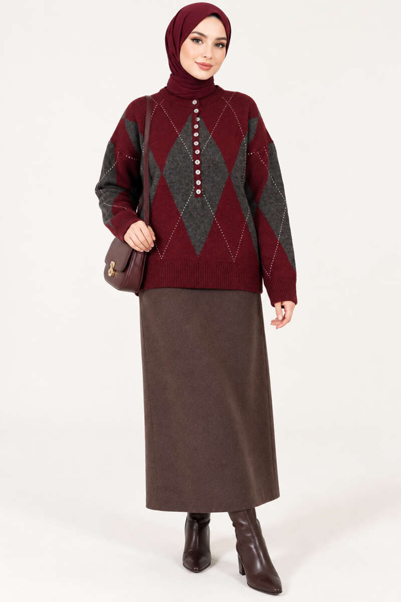 Buttoned Honeycomb Pattern Knit Sweater Burgundy - Image 3