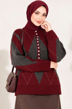 Alternative view of Buttoned Honeycomb Pattern Knit Sweater Burgundy