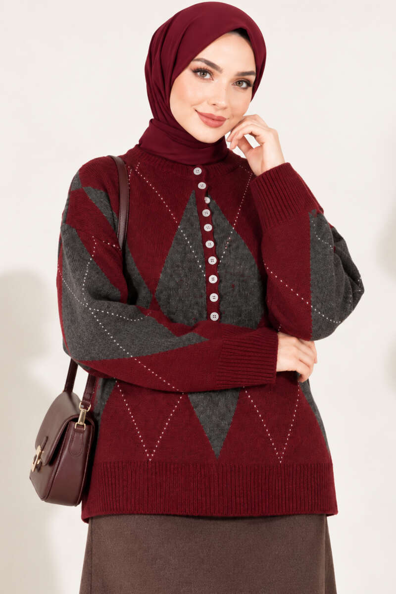Buttoned Honeycomb Pattern Knit Sweater Burgundy - Image 2