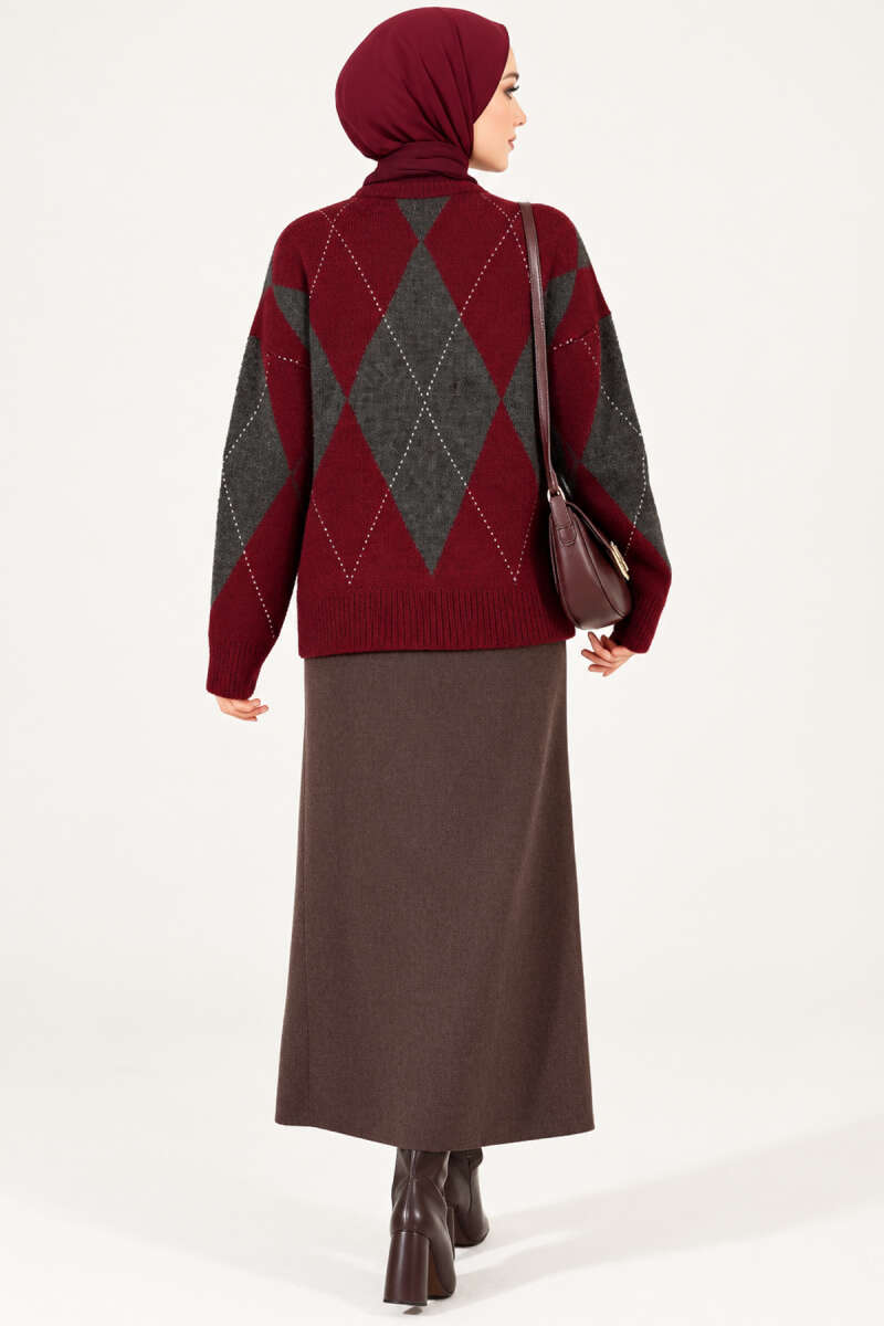Buttoned Honeycomb Pattern Knit Sweater Burgundy - Image 4