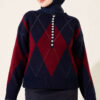 Buttoned Honeycomb Pattern Knit Sweater Navy Blue