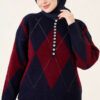 Buttoned Honeycomb Pattern Knit Sweater Navy Blue - Afbeelding 2