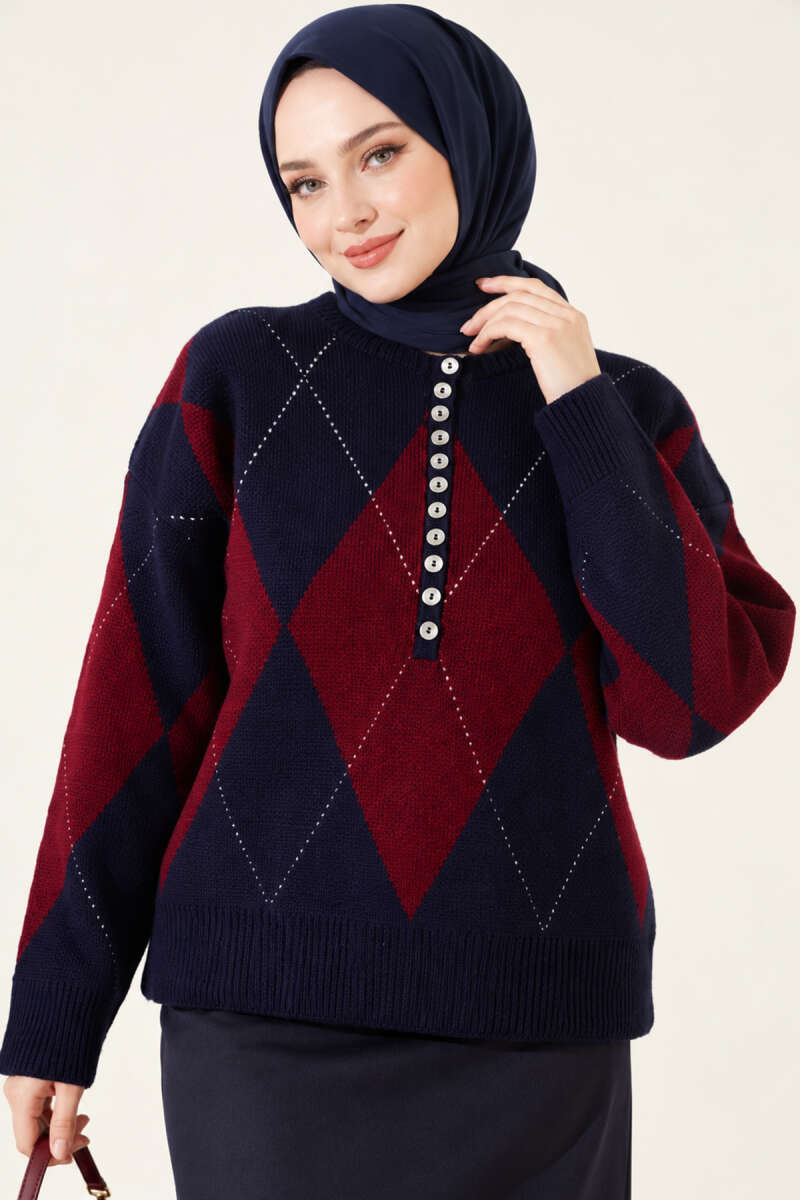 Buttoned Honeycomb Pattern Knit Sweater Navy Blue - Afbeelding 2
