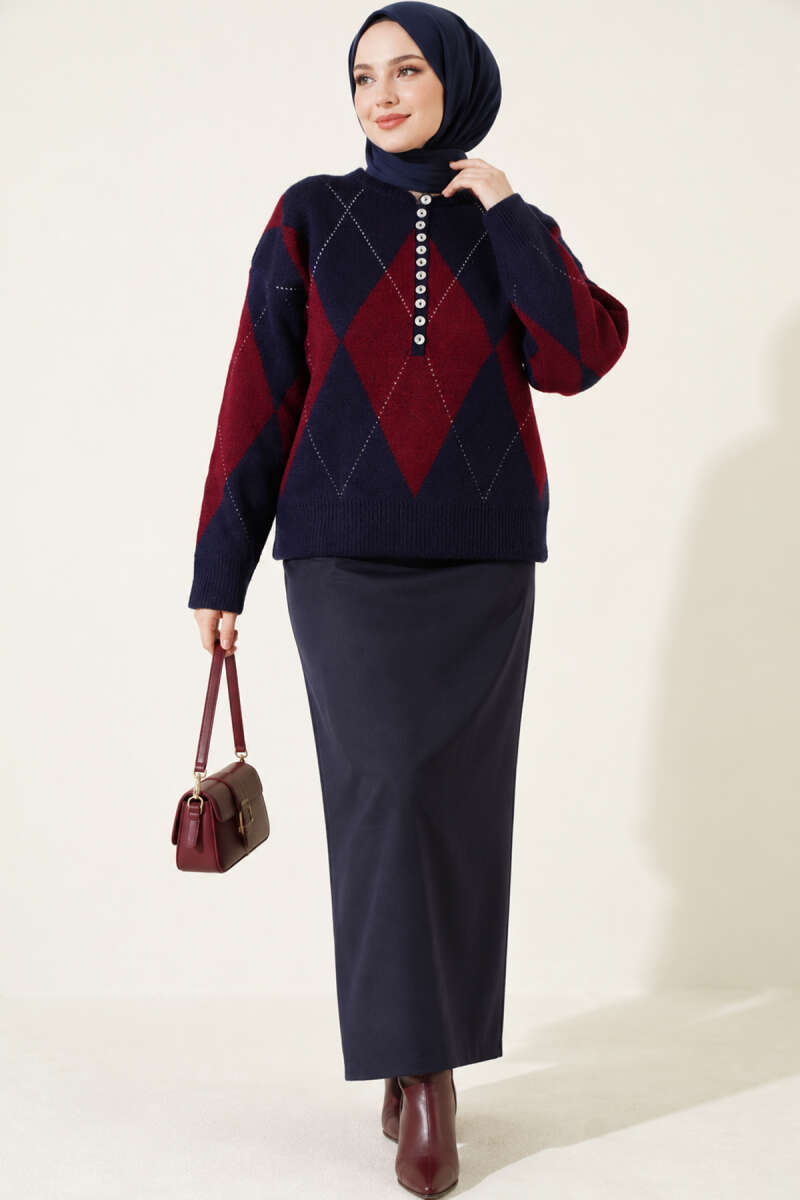 Buttoned Honeycomb Pattern Knit Sweater Navy Blue - Afbeelding 3