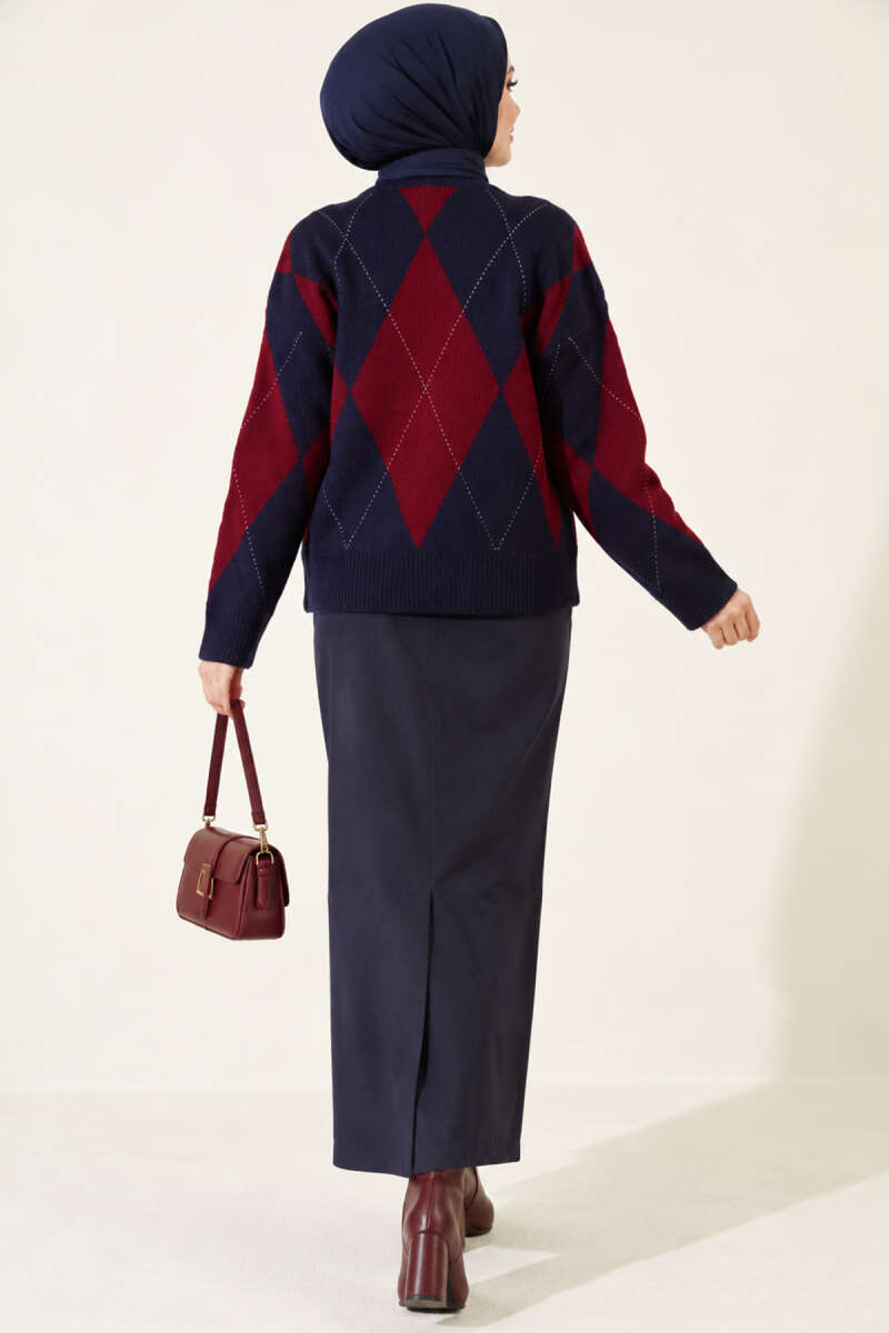 Buttoned Honeycomb Pattern Knit Sweater Navy Blue - Afbeelding 4